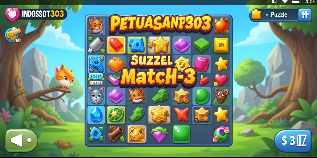 Antarmuka menarik dari INDOSLOT303 dengan elemen Puzzle Match-3 yang menantang.